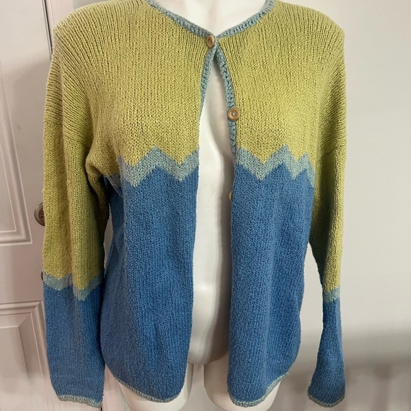 Blue and Green Color Block Cardigan Sweater 100% cotton, hand loomed in Peru 🇵🇪 - Picture 1 of 3